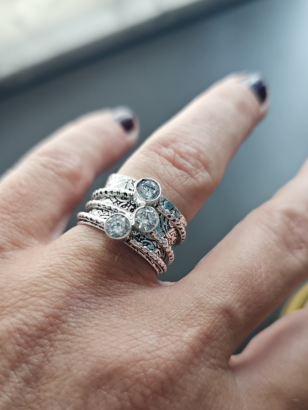Sterling Silver Triple Stack CZ Spinner Ring - Silver Size 6